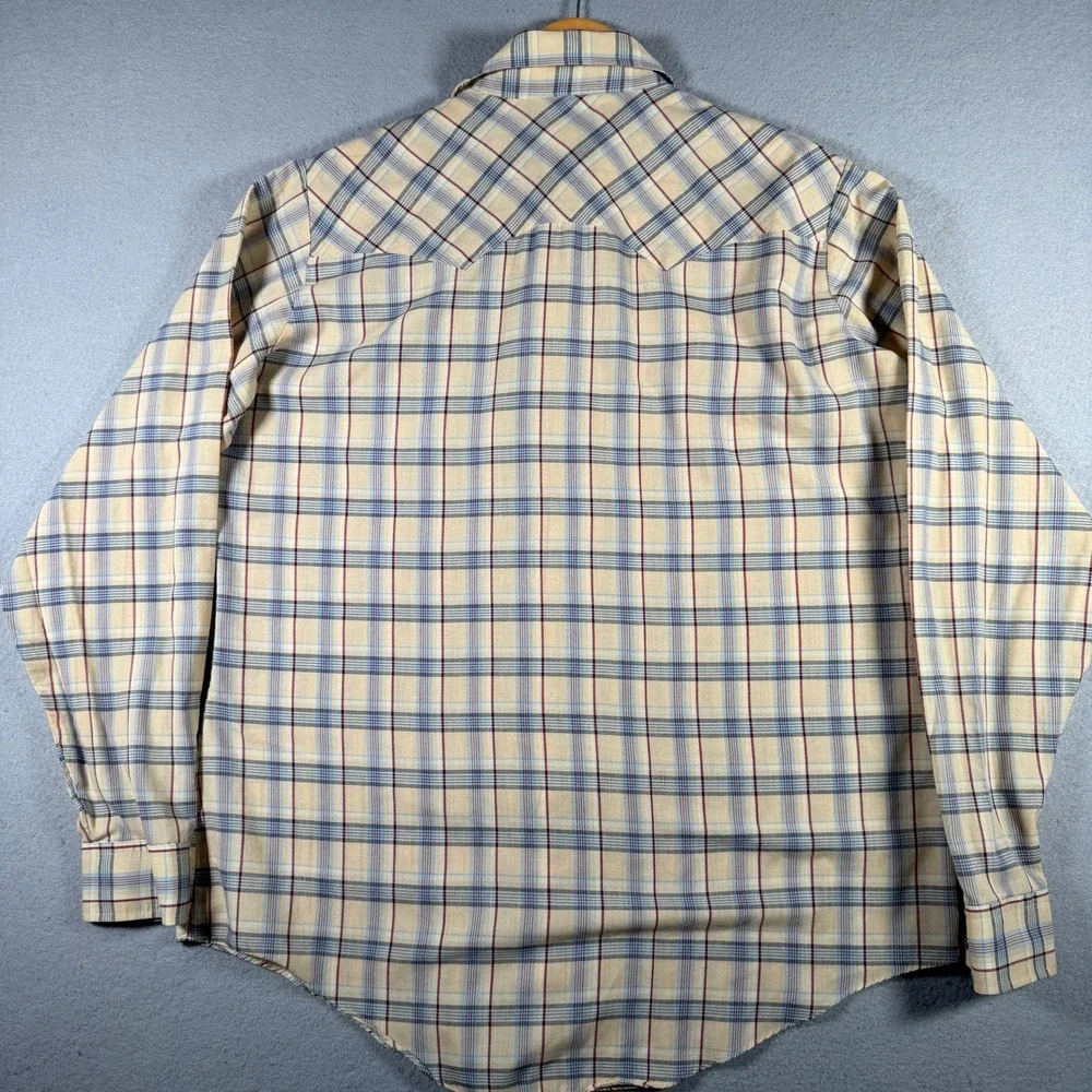 Levis Vintage Western Pearl Snap Shirt Mens XL Tall Plaid Tan Blue Red Korea